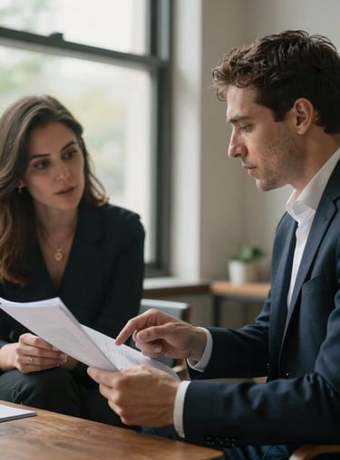 Two professionals deep in discussion over a manuscript, natural window lighting, approachable and creative partnership vibe.