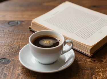 A warm cup of coffee resting next to a thick manuscript on a textured wooden table, inviting and literary atmosphere.