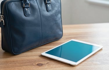 Close-up of a high-quality leather briefcase and a digital tablet on a clean wooden desk, symbolizing professional administration. Incorporates brand colors #2A363B and #5B7C85.