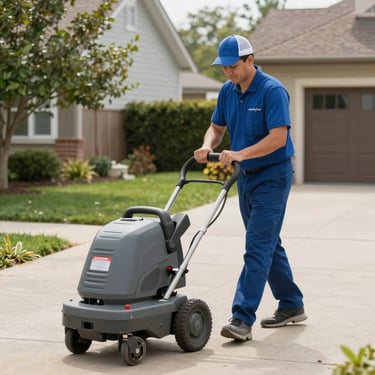 A freshly mowed lawn bordered by a smooth, sealed driveway gleaming under sunlight.