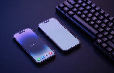 A top-down view of a modern workstation featuring a sleek smartphone and a high-end mechanical keyboard. Lighting is cinematic with soft lavender blue highlights against a deep midnight navy background.
