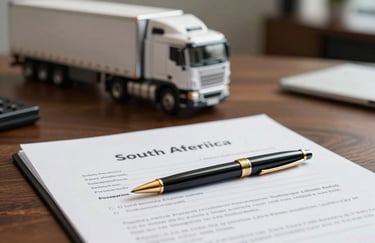 Detailed shot of legal documents and a luxury pen on a dark wood desk. In the background, out of focus, a scale model of a semi-truck suggests the industry focus. South American office setting.