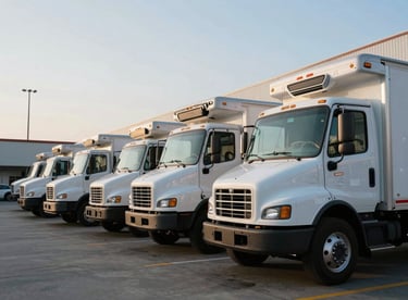 A fleet of modern refrigerated delivery trucks lined up at a logistics hub under the clear morning sky of a US city.