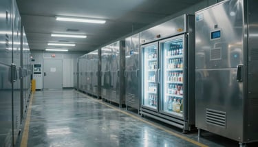 A close-up of a digital sensor on a commercial refrigerator displaying energy efficiency metrics in a North American supermarket setting.