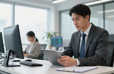 An export manager in professional attire reviewing automated supply chain data on a tablet in a bright, modern office.