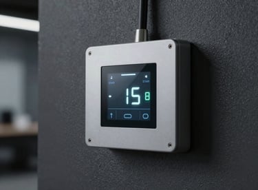 Detail of a smart temperature control panel with a minimalist design, glowing subtly in a dark charcoal industrial space.