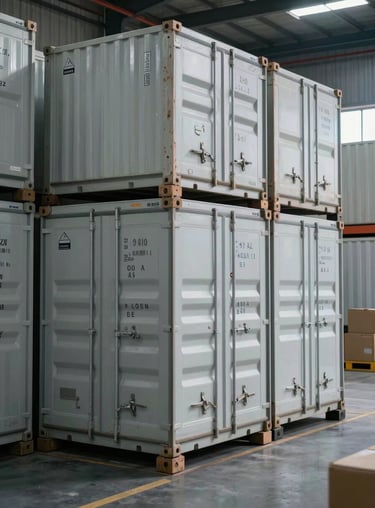 A sleek, professional logistics warehouse with organized refrigerated containers prepared for international export.