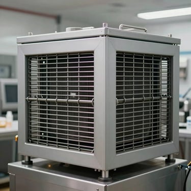 High-tech cooling systems in a commercial bakery, showing a clean aesthetic with soft gray and charcoal tones.