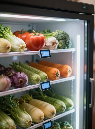 Close-up of fresh produce inside a smart-refrigerated display case with innovative AI monitoring labels.