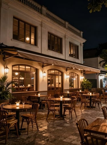 A wide shot of a quiet, upscale Brazilian drink establishment at night, showcasing architectural elegance and a peaceful atmosphere.