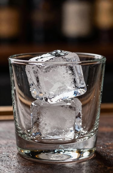 A macro shot of a single artisanal ice cube in a heavy glass, lighting reflecting through crystal, sophisticated South American / Brazilian bar setting.