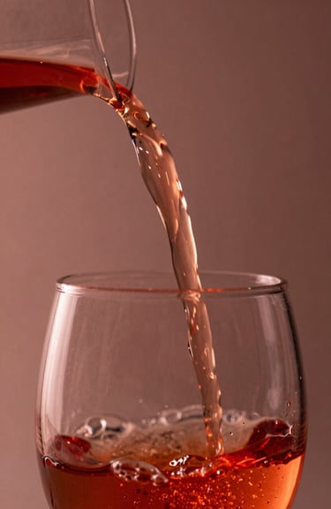 Abstract photography of liquid being poured into a glass, captured in slow motion with warm crimson highlights.