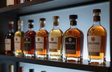 An elegant row of premium spirit bottles on a dark shelf, backlit with a soft classic blue glow.