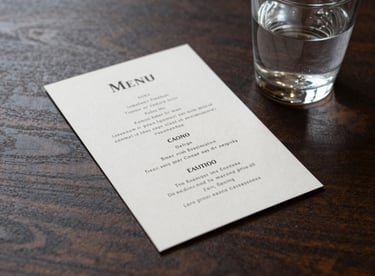 A sophisticated menu card resting on a dark wood surface next to a glass of water, minimalist and elegant.