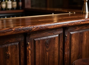 A quiet, dimly lit bar counter in São Paulo, featuring rich textures of leather and dark wood in a timeless style.