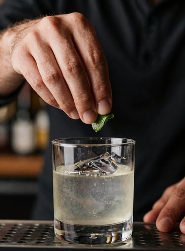 Close-up of a expert bartender's hand placing a garnish on a clear drink with precision, focus on craftsmanship.