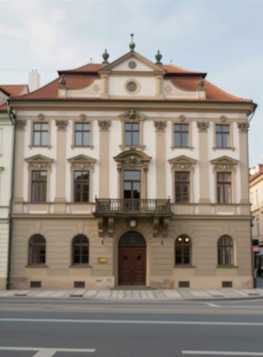Exterior view of the historic building at Elišky Krásnohorské in Prague 1, showing its elegant architecture.