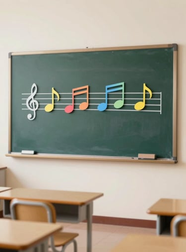 Artistic shot of colorful musical notes on a chalkboard in a clean, stylish classroom environment.
