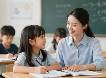 A teacher and a child smiling during a language session, highlighting the nurturing bilingual approach.