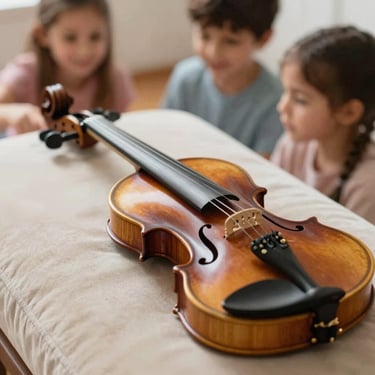 Close-up of a wooden violin resting on a beige cushion with soft focus children in the background.