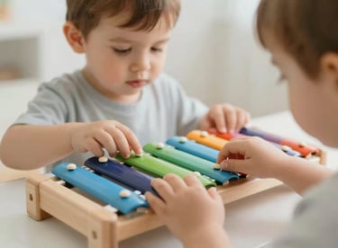 A toddler playing with a minimalist wooden xylophone, showcasing the focus on musical awakening.