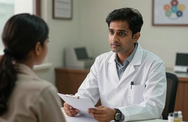 A professional consultant in a clinic setting in a South Asian / Indian region, discussing a treatment plan with a client in a serene environment.