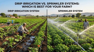 Comparison of drip irrigation vs sprinkler systems for farm water management and crop growth.