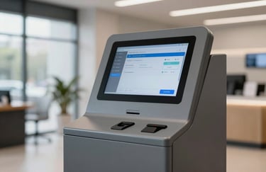 A sleek digital ordering terminal with a slate grey finish standing in a modern, brightly lit commercial interior.