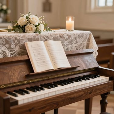 A grand piano bathed in soft, golden light on a cozy stage set for an intimate gathering.