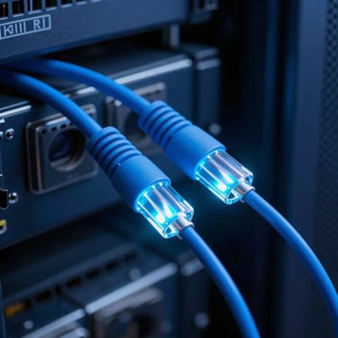 A close-up of blue fiber optic cables glowing with data transfer light in a dark blue server environment, signifying high-speed connectivity.