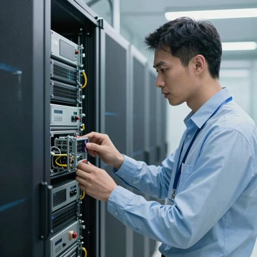 A professional engineer in a clean, modern data center inspecting server hardware, soft light blue lighting, emphasizing efficiency.