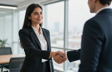 A professional Latin American woman in business attire shaking hands with a candidate in a bright, modern office, focusing on trust and professional connection.