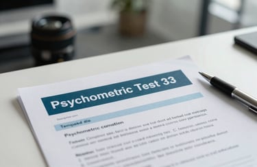 A professional document with 'Psychometric Test' header on a clean desk next to a pen, soft focus on a Latin American office background, dark teal and light blue accents.
