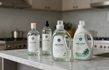 Elegant glass bottles of organic laundry detergent arranged on a Light Grayish Blue countertop in a minimalist South American kitchen, natural lighting.