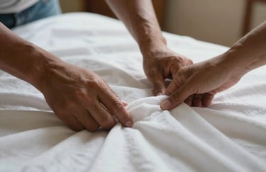 Close-up of hands in a South American home setting gently feeling the softness of a high-quality white cotton garment, warm and clean lighting.