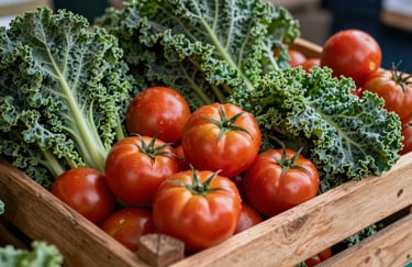 Close up of a wooden crate filled with vibrant, organic produce like tomatoes and kale at a local farmer's market. Western Europe setting, natural lighting, high contrast.