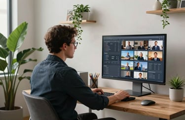 A professional media manager in a stylish, minimalist office setting, planning a social media grid on a large monitor. The room has cozy, forest green plants and artisanal decor.