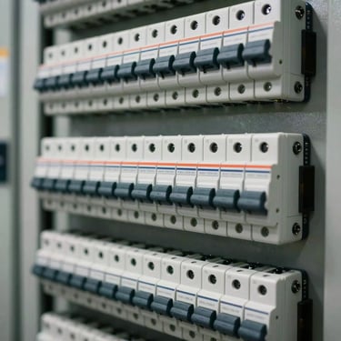 A close-up shot of a neatly organized electrical switchboard with modern circuit breakers, showing expert precision and safety.