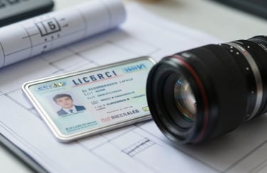 Close-up photography of a professional electrical license and a set of clean blueprints on a desk in a North American / US office, bright natural lighting, soft steel blue palette.