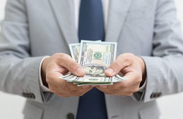 A professional close-up of a person holding cash, symbolizing a successful and fast transaction. Neutral gray and blue tones like #F5F8F9.