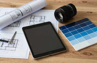 A collection of architectural blueprints and a digital tablet on a clean wooden desk, professional tools for property evaluation, palette of dark blue and medium blue.