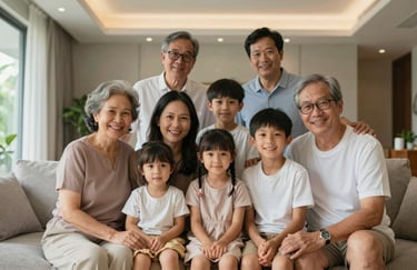 A happy multi-generational family in a modern Southeast Asian / Thai home, warm lighting, showing safety and security, high-end lifestyle photography.