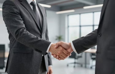 A professional handshake between business partners in a sleek, modern office overlooking a clean industrial area, tones of #1A2D2A.