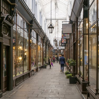 A historic shopping arcade with a glass roof and boutique store fronts in the Cardiff Creative Quarter.