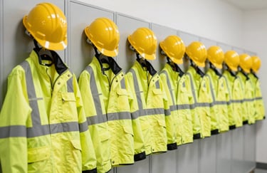 Clean, organized industrial safety equipment including yellow hard hats and high-visibility jackets hanging in a modern South Asian / Indian facility locker room. Professional lighting emphasizes cleanliness and readiness, with cloud white backgrounds.