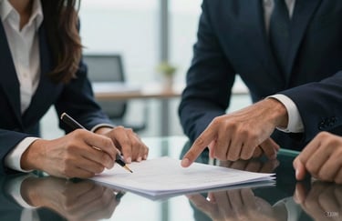 A close up of two Hispanic professionals in a meeting, focusing on their hands pointing at a document on a sleek glass table, blurred modern office background.