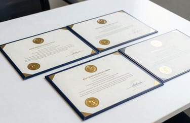A collection of official government certificates with gold embossed seals and ribbons laid out on a clean white desk surface, bright high-key photography.