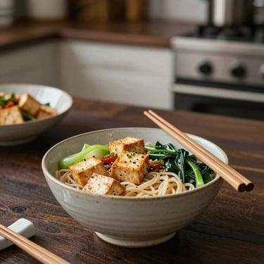 A vibrant bowl of fresh plant-based foods arranged artfully on a wooden table.