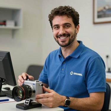 Photography of a technician in a corporate blue polo shirt smiling warmly at the camera while holding professional testing equipment in an Istanbul residence.