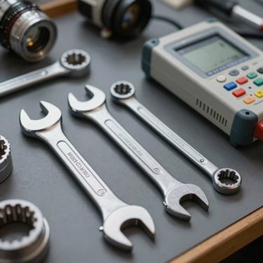 Close-up of high-quality professional wrenches and electronic testing equipment laid out on a dark gray work surface, Turkish / Istanbul Anatolian Side context.